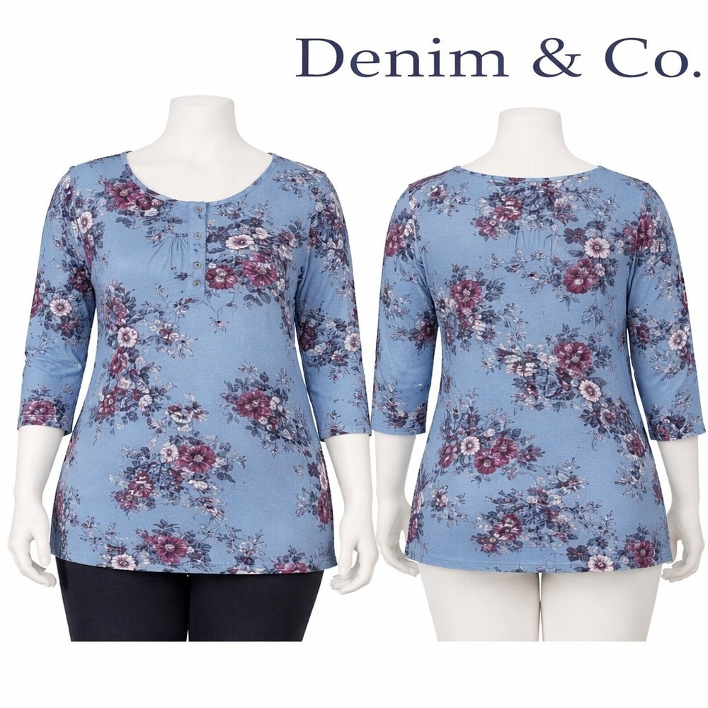 Denim & Co Womens 3X Perfect Jersey 3/4 Sleeve Button Floral T-shirt Blue A22559